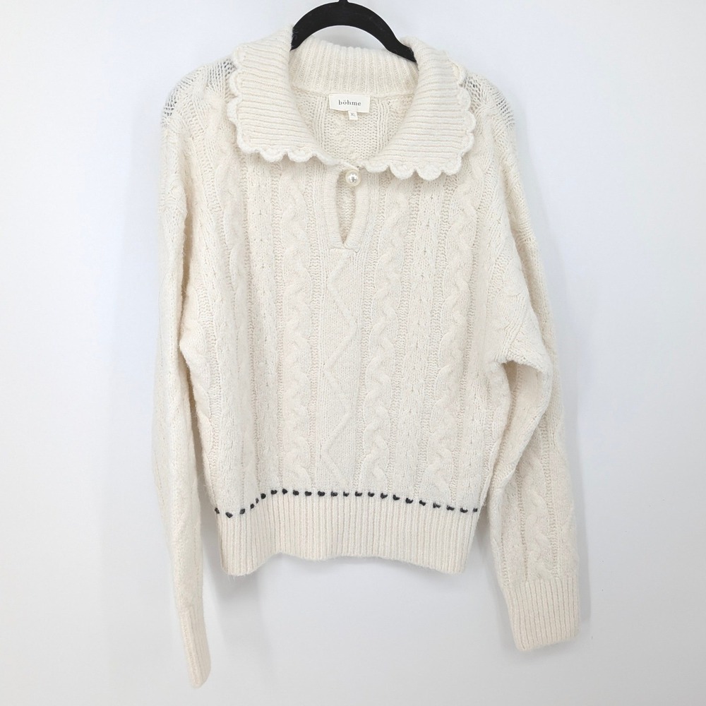 bohme Coquette Sweater Women XL Ivory Cable Knit Scalloped Pearl Button Grandma